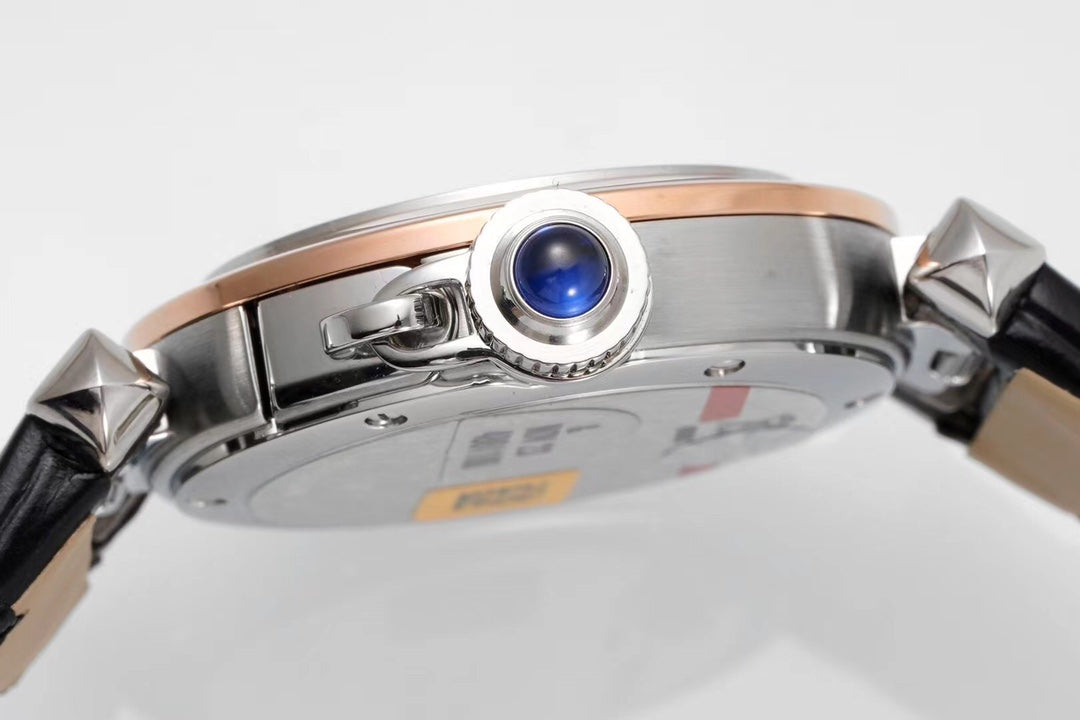 PASHA DE CARTIER WATCH ROSE GOLD AND SILVER CASE AND BLACK LEATHER STRAP