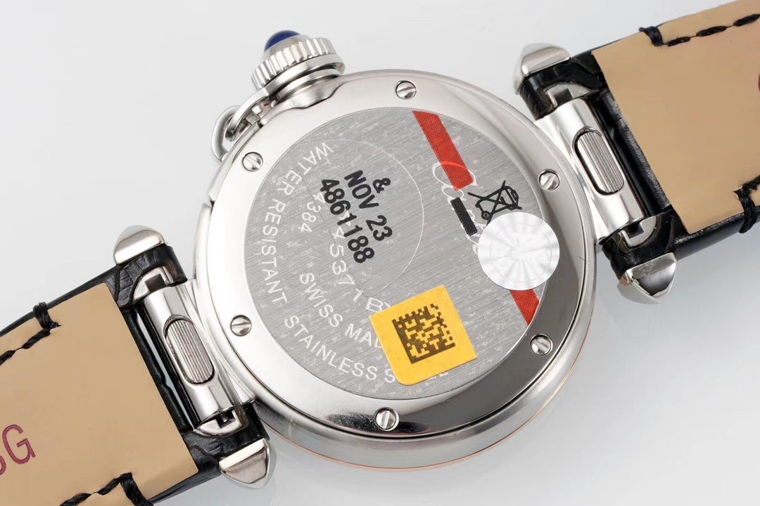 PASHA DE CARTIER WATCH ROSE GOLD AND SILVER CASE AND BLACK LEATHER STRAP