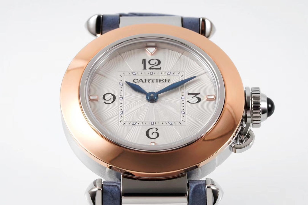 PASHA DE CARTIER WATCH ROSE GOLD AND SILVER CASE AND STONE BLUE LEATHER STRAP