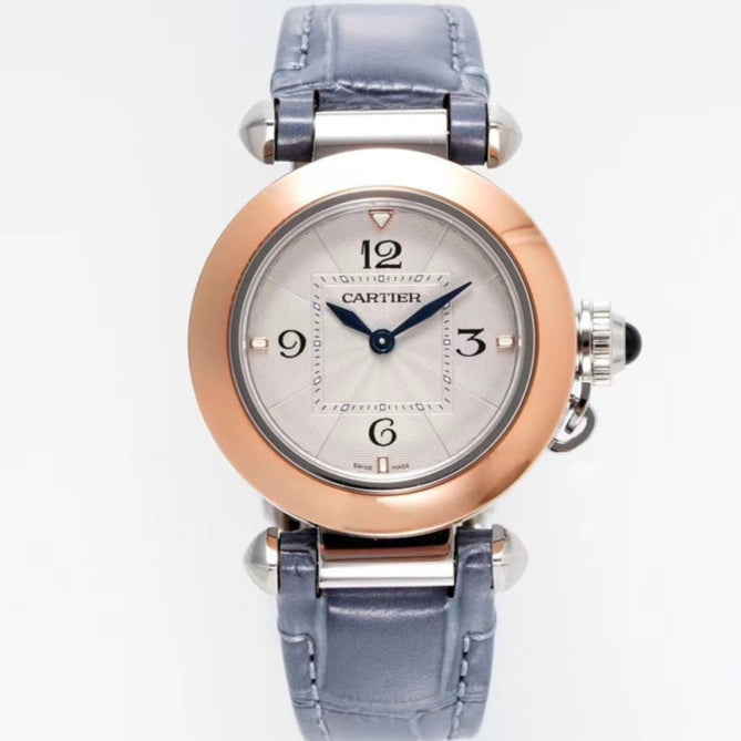 PASHA DE CARTIER WATCH ROSE GOLD AND SILVER CASE AND STONE BLUE LEATHER STRAP