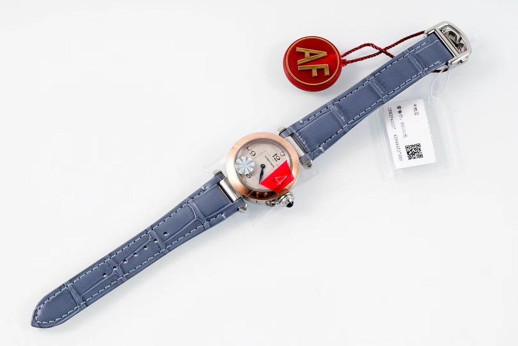 PASHA DE CARTIER WATCH ROSE GOLD AND SILVER CASE AND STONE BLUE LEATHER STRAP