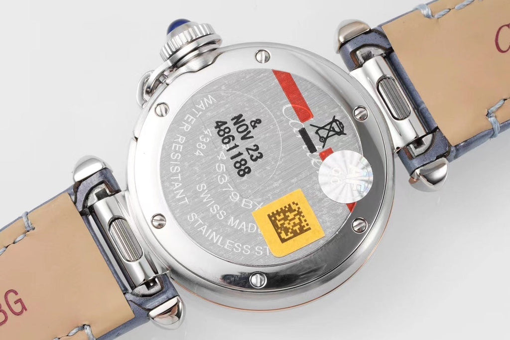 PASHA DE CARTIER WATCH ROSE GOLD AND SILVER CASE AND STONE BLUE LEATHER STRAP