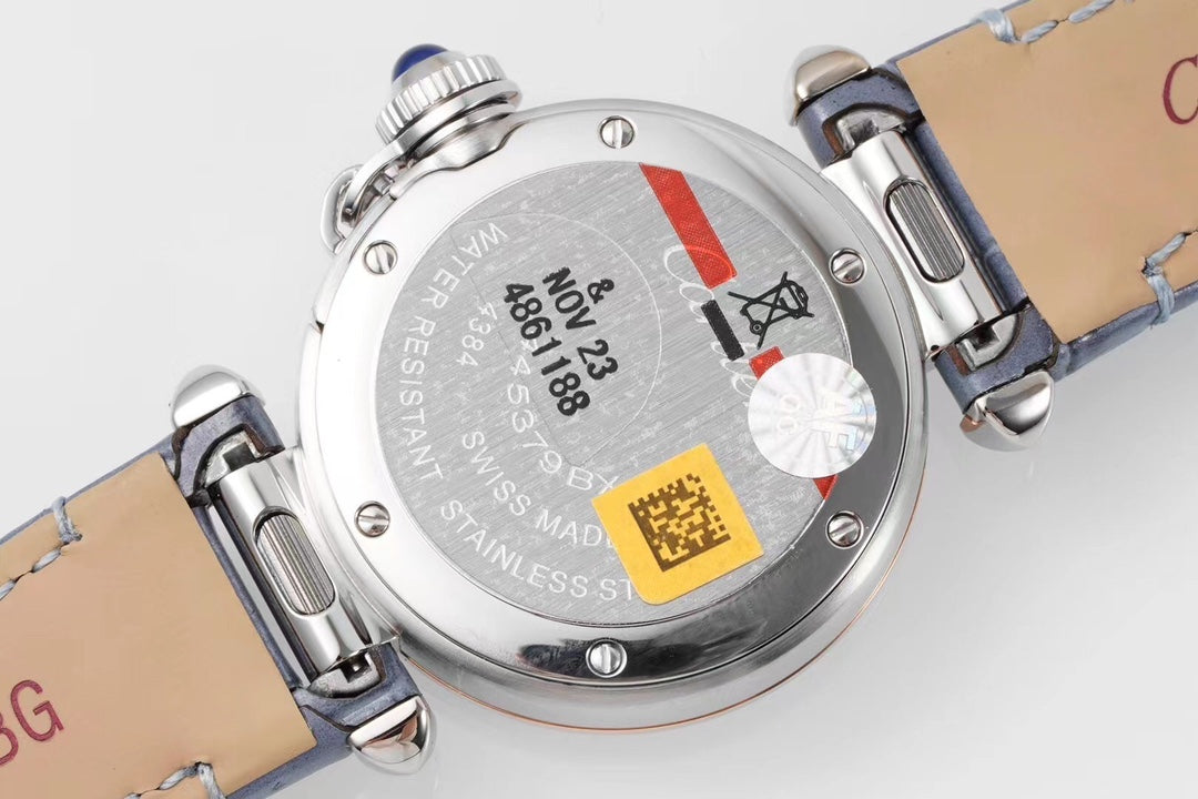 PASHA DE CARTIER WATCH ROSE GOLD AND SILVER CASE AND STONE BLUE LEATHER STRAP