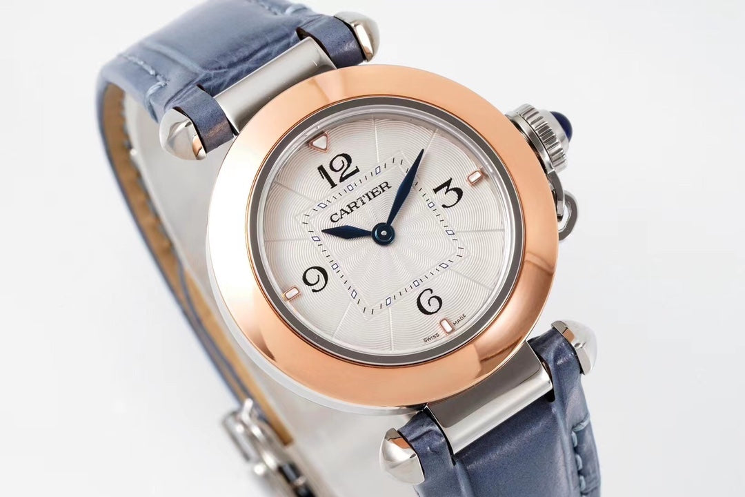 PASHA DE CARTIER WATCH ROSE GOLD AND SILVER CASE AND STONE BLUE LEATHER STRAP