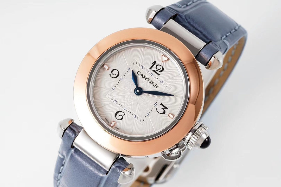 PASHA DE CARTIER WATCH ROSE GOLD AND SILVER CASE AND STONE BLUE LEATHER STRAP