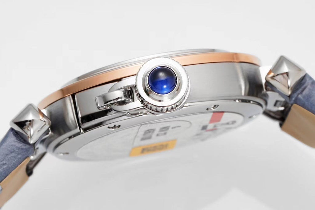 PASHA DE CARTIER WATCH ROSE GOLD AND SILVER CASE AND STONE BLUE LEATHER STRAP
