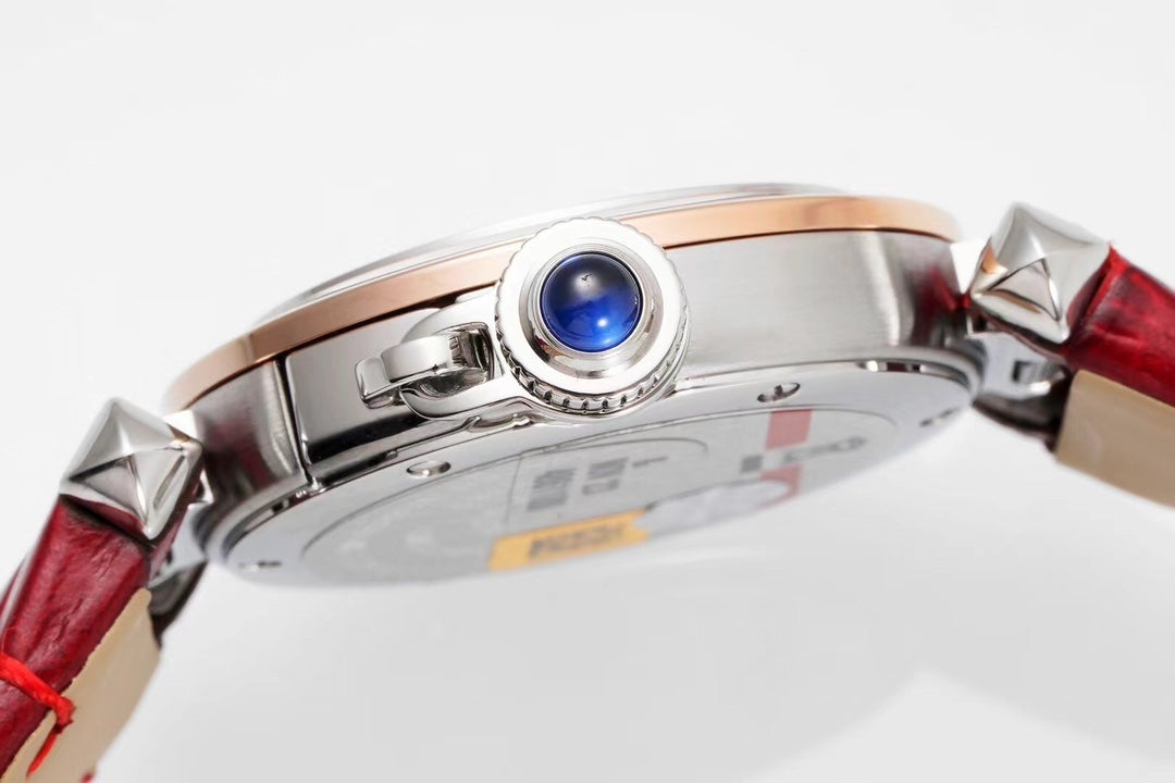 PASHA DE CARTIER WATCH ROSE GOLD AND SILVER CASE AND CRIMSON RED LEATHER STRAP