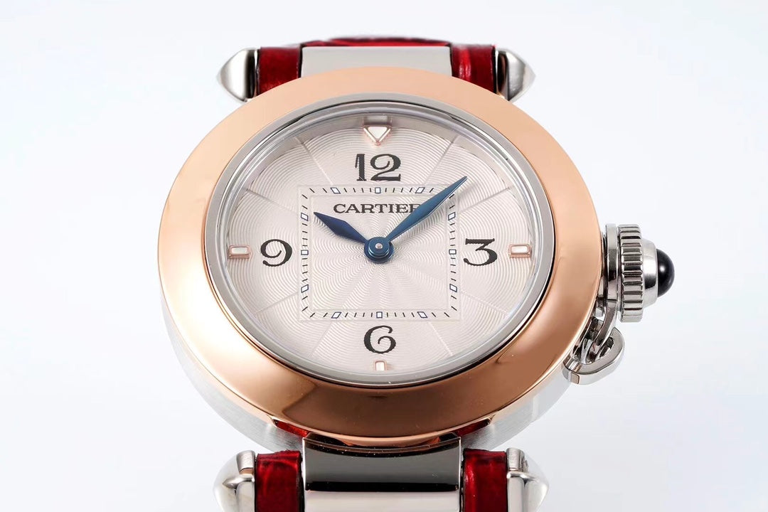 PASHA DE CARTIER WATCH ROSE GOLD AND SILVER CASE AND CRIMSON RED LEATHER STRAP