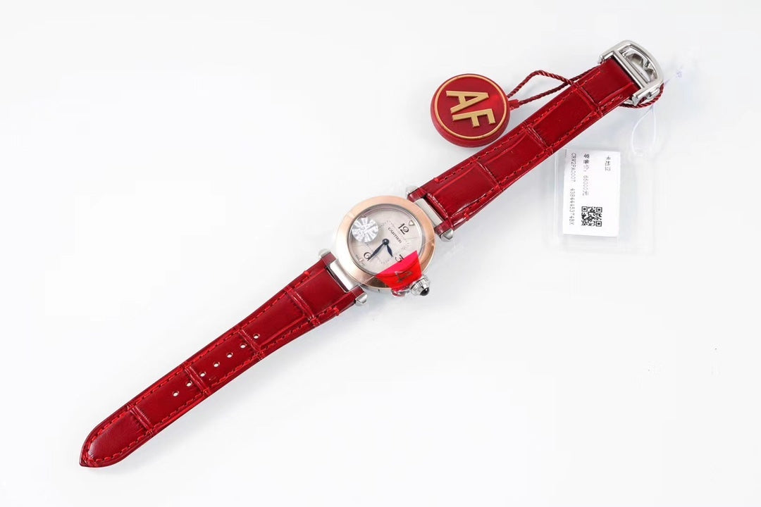 PASHA DE CARTIER WATCH ROSE GOLD AND SILVER CASE AND CRIMSON RED LEATHER STRAP