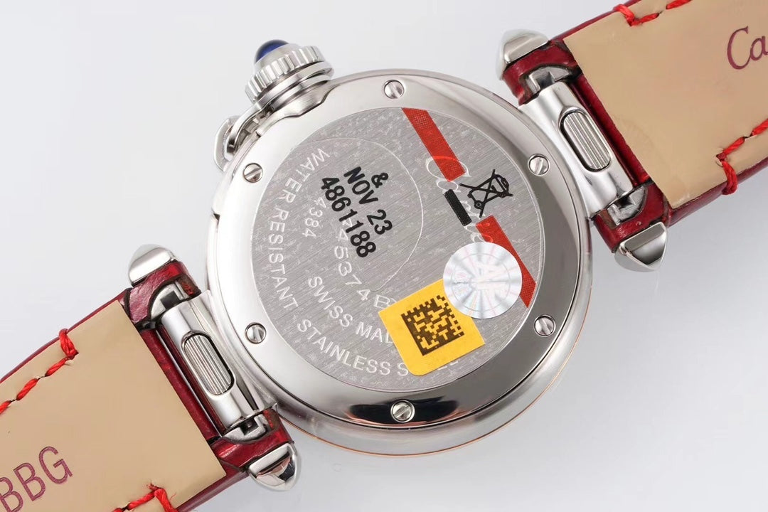 PASHA DE CARTIER WATCH ROSE GOLD AND SILVER CASE AND CRIMSON RED LEATHER STRAP