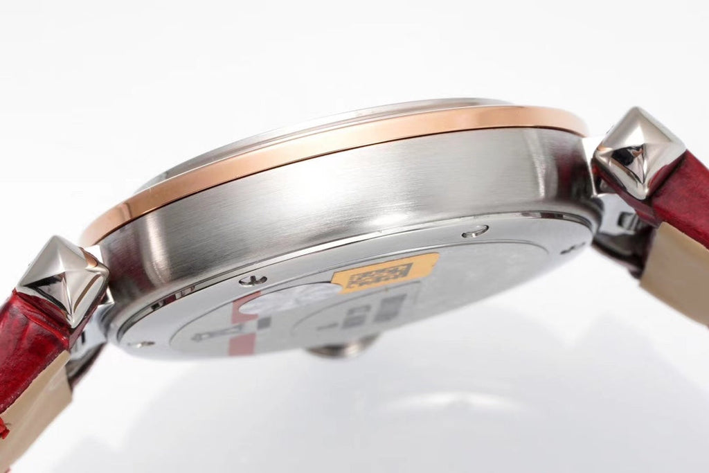 PASHA DE CARTIER WATCH ROSE GOLD AND SILVER CASE AND CRIMSON RED LEATHER STRAP