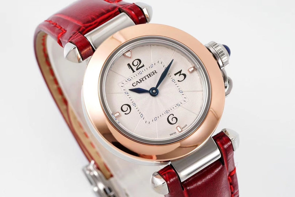 PASHA DE CARTIER WATCH ROSE GOLD AND SILVER CASE AND CRIMSON RED LEATHER STRAP