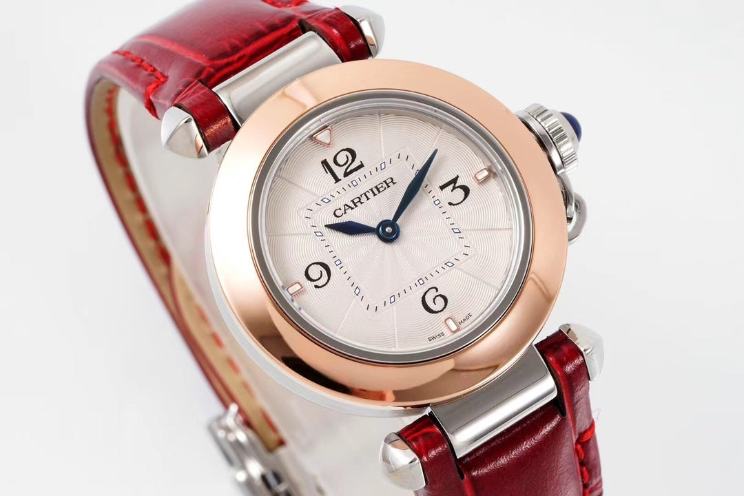 PASHA DE CARTIER WATCH ROSE GOLD AND SILVER CASE AND CRIMSON RED LEATHER STRAP