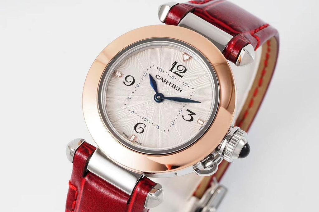 PASHA DE CARTIER WATCH ROSE GOLD AND SILVER CASE AND CRIMSON RED LEATHER STRAP