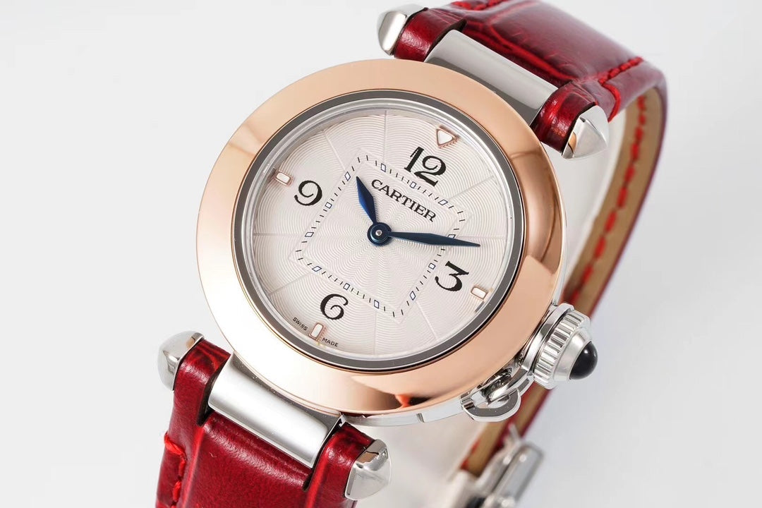 PASHA DE CARTIER WATCH ROSE GOLD AND SILVER CASE AND CRIMSON RED LEATHER STRAP
