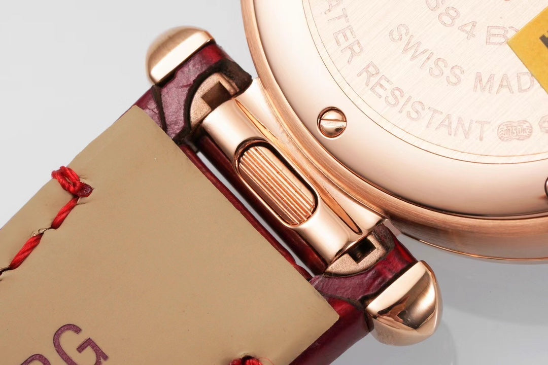 PASHA DE CARTIER WATCH ROSE GOLD CASE AND CRIMSON RED LEATHER STRAP