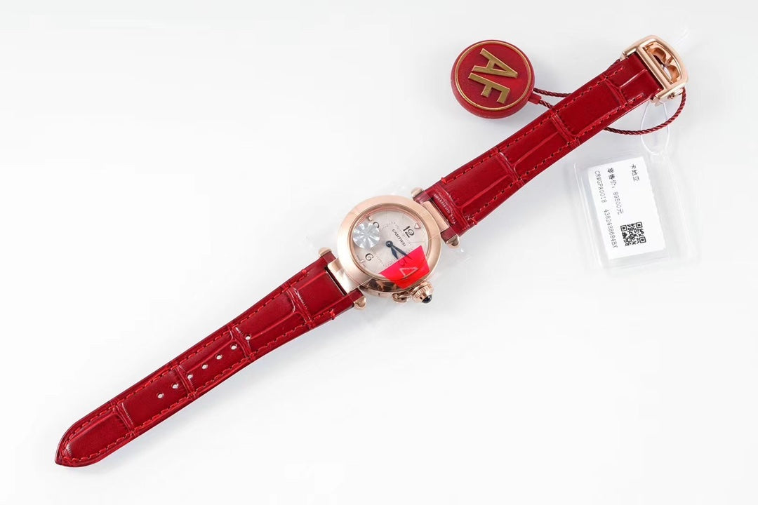 PASHA DE CARTIER WATCH ROSE GOLD CASE AND CRIMSON RED LEATHER STRAP