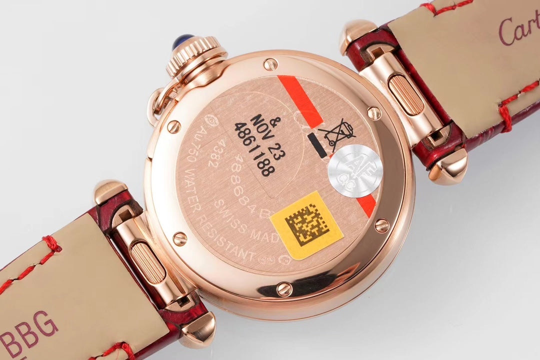 PASHA DE CARTIER WATCH ROSE GOLD CASE AND CRIMSON RED LEATHER STRAP