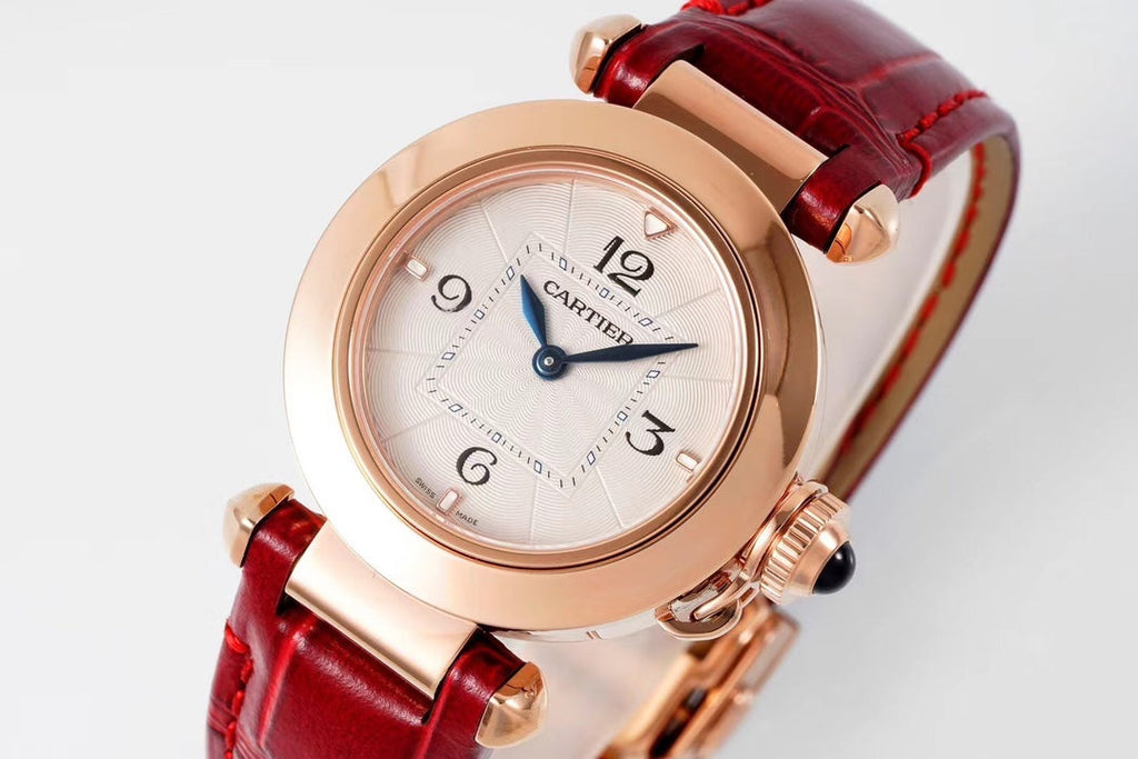 PASHA DE CARTIER WATCH ROSE GOLD CASE AND CRIMSON RED LEATHER STRAP