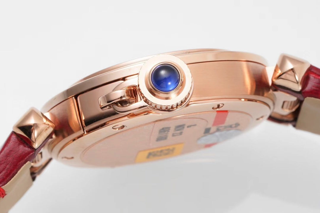 PASHA DE CARTIER WATCH ROSE GOLD CASE AND CRIMSON RED LEATHER STRAP