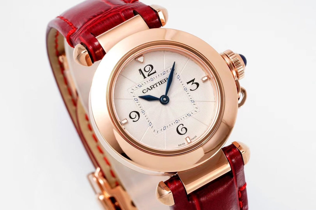 PASHA DE CARTIER WATCH ROSE GOLD CASE AND CRIMSON RED LEATHER STRAP