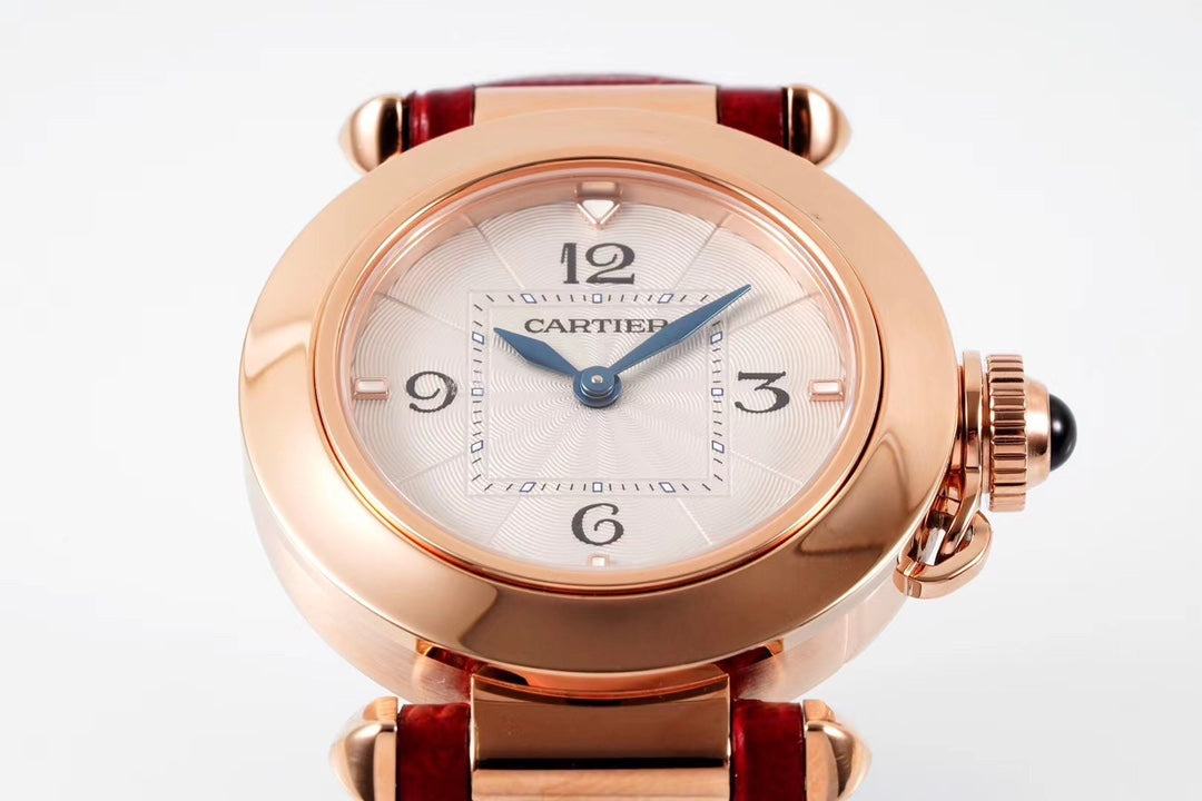 PASHA DE CARTIER WATCH ROSE GOLD CASE AND CRIMSON RED LEATHER STRAP