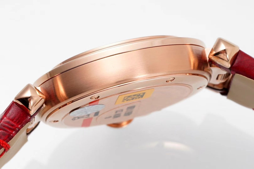 PASHA DE CARTIER WATCH ROSE GOLD CASE AND CRIMSON RED LEATHER STRAP
