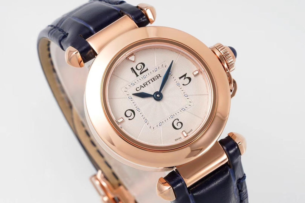 PASHA DE CARTIER WATCH ROSE GOLD CASE AND BLACK LEATHER STRAP