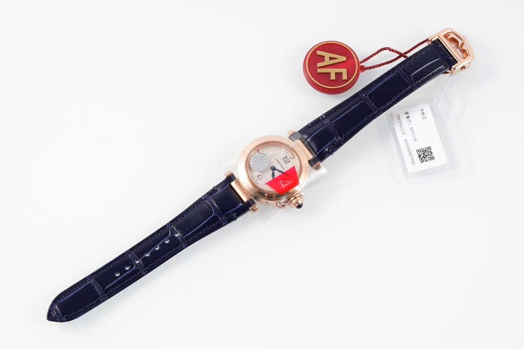PASHA DE CARTIER WATCH ROSE GOLD CASE AND BLACK LEATHER STRAP