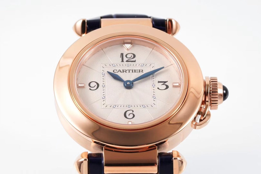 PASHA DE CARTIER WATCH ROSE GOLD CASE AND BLACK LEATHER STRAP