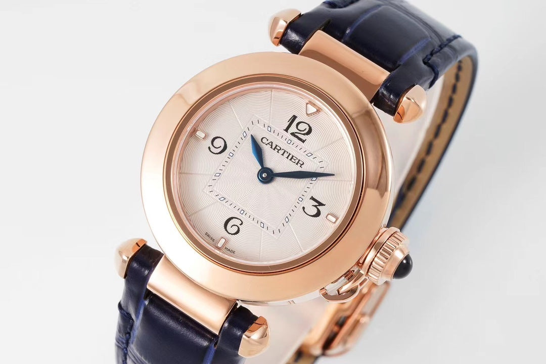 PASHA DE CARTIER WATCH ROSE GOLD CASE AND BLACK LEATHER STRAP