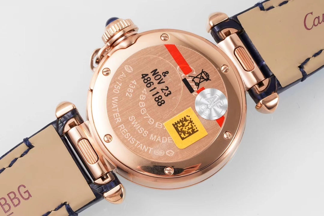PASHA DE CARTIER WATCH ROSE GOLD CASE AND BLACK LEATHER STRAP