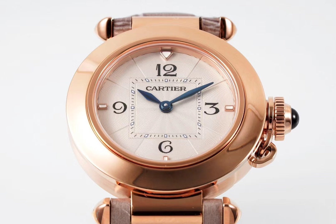 PASHA DE CARTIER WATCH ROSE GOLD CASE AND ROSE BROWN LEATHER STRAP
