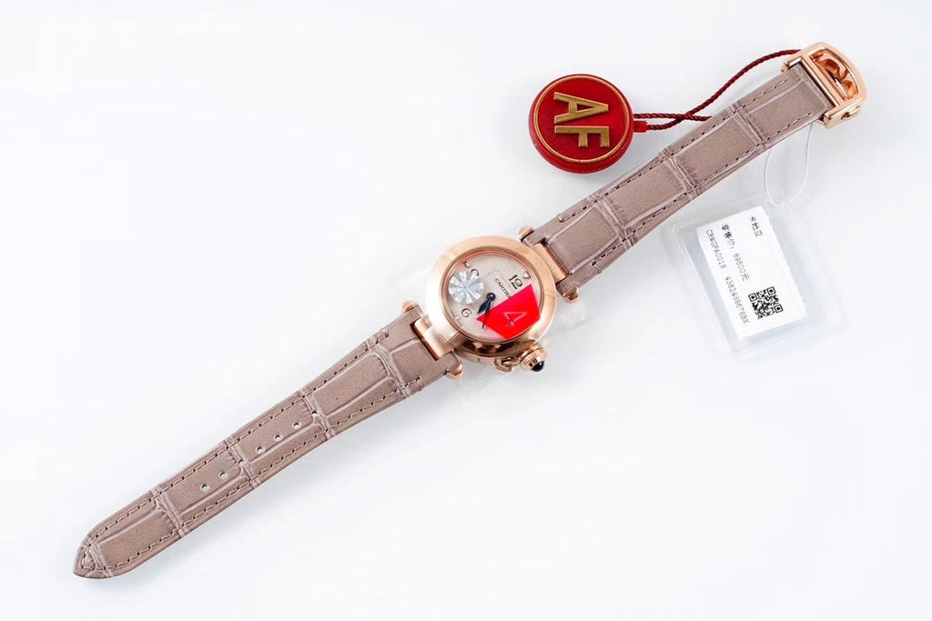 PASHA DE CARTIER WATCH ROSE GOLD CASE AND ROSE BROWN LEATHER STRAP