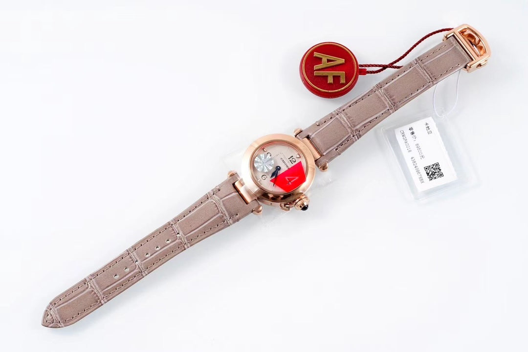 PASHA DE CARTIER WATCH ROSE GOLD CASE AND ROSE BROWN LEATHER STRAP