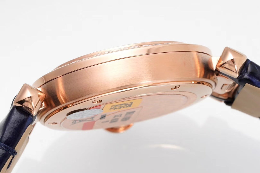 PASHA DE CARTIER WATCH ROSE GOLD CASE WITH CRYSTALS AND BLACK LEATHER STRAP