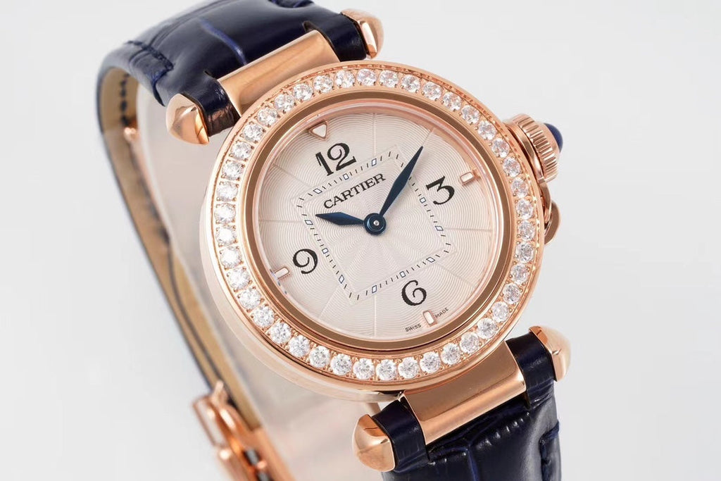 PASHA DE CARTIER WATCH ROSE GOLD CASE WITH CRYSTALS AND BLACK LEATHER STRAP