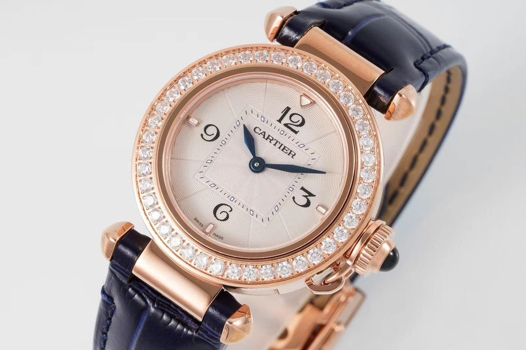 PASHA DE CARTIER WATCH ROSE GOLD CASE WITH CRYSTALS AND BLACK LEATHER STRAP