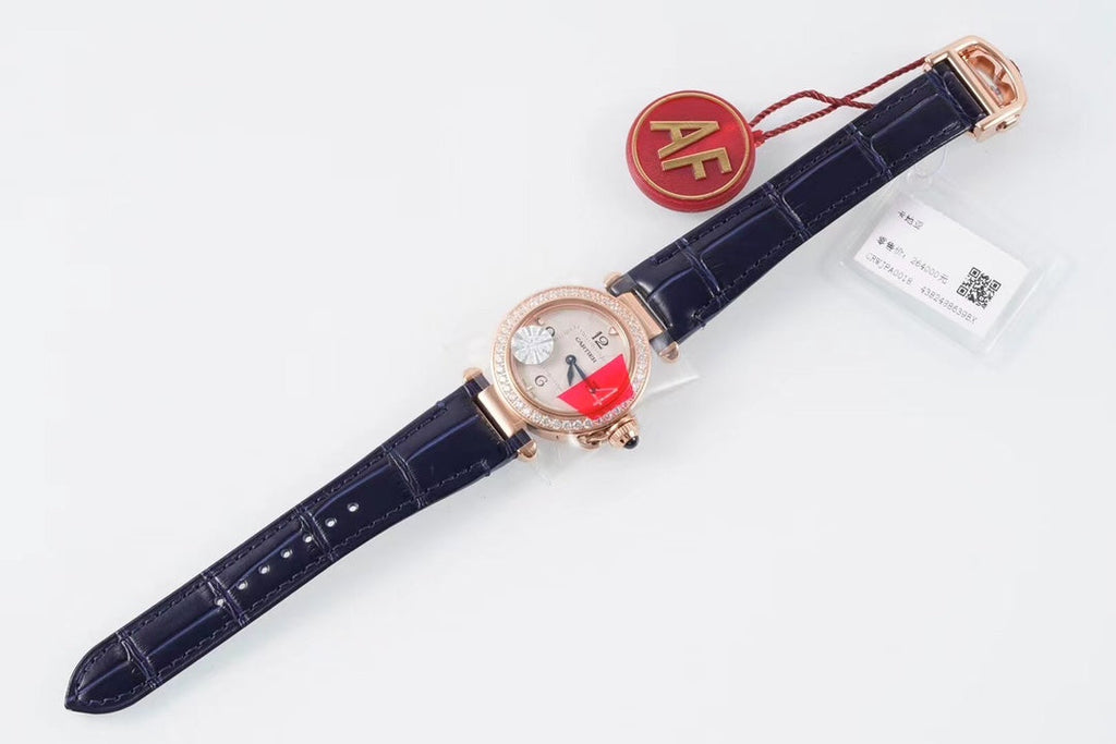 PASHA DE CARTIER WATCH ROSE GOLD CASE WITH CRYSTALS AND BLACK LEATHER STRAP