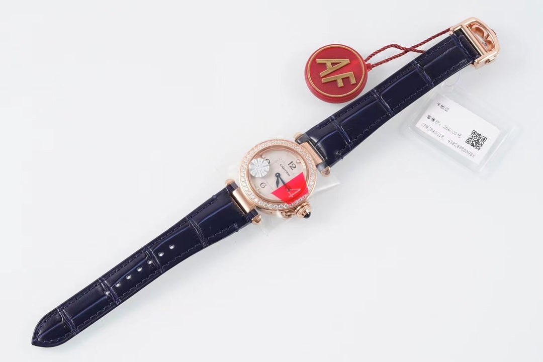 PASHA DE CARTIER WATCH ROSE GOLD CASE WITH CRYSTALS AND BLACK LEATHER STRAP