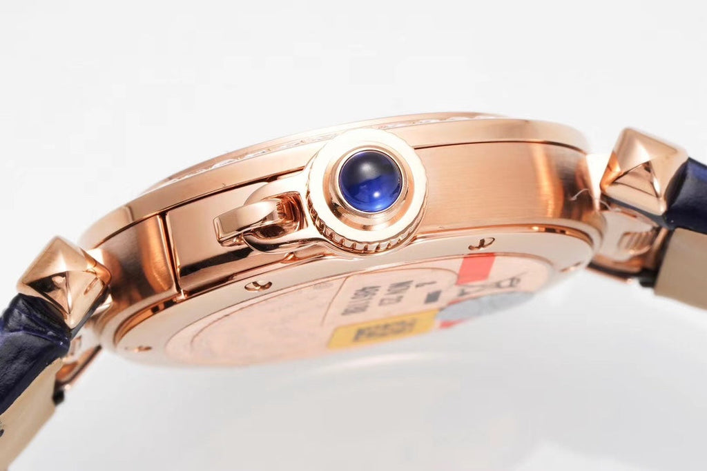 PASHA DE CARTIER WATCH ROSE GOLD CASE WITH CRYSTALS AND BLACK LEATHER STRAP