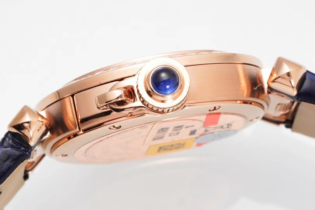 PASHA DE CARTIER WATCH ROSE GOLD CASE WITH CRYSTALS AND BLACK LEATHER STRAP