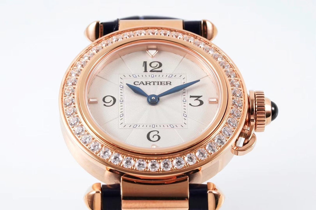 PASHA DE CARTIER WATCH ROSE GOLD CASE WITH CRYSTALS AND BLACK LEATHER STRAP