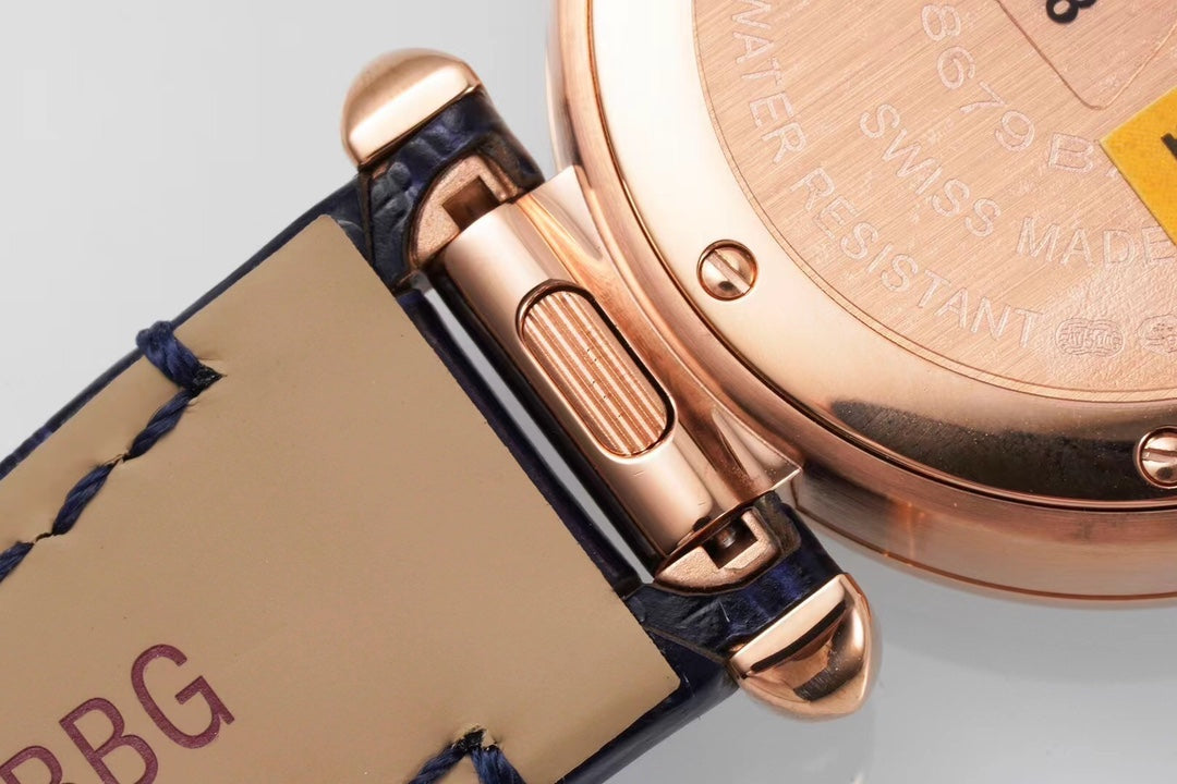PASHA DE CARTIER WATCH ROSE GOLD CASE WITH CRYSTALS AND BLACK LEATHER STRAP