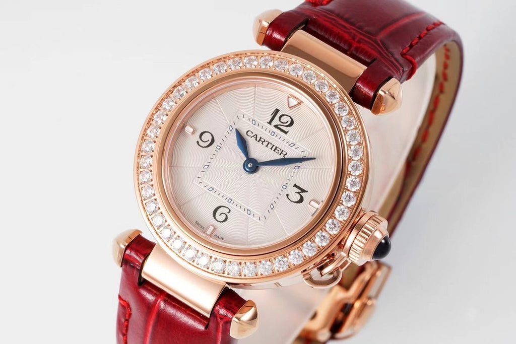 PASHA DE CARTIER WATCH ROSE GOLD CASE WITH CRYSTALS AND CRIMSON RED LEATHER STRAP