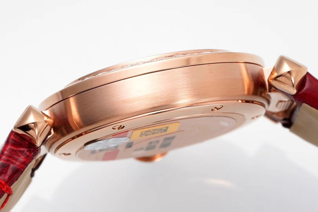 PASHA DE CARTIER WATCH ROSE GOLD CASE WITH CRYSTALS AND CRIMSON RED LEATHER STRAP