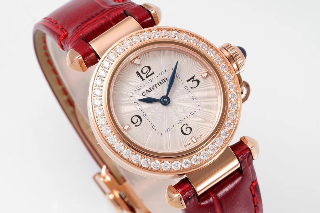 PASHA DE CARTIER WATCH ROSE GOLD CASE WITH CRYSTALS AND CRIMSON RED LEATHER STRAP
