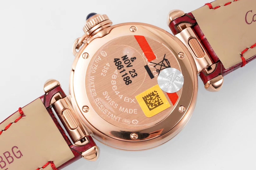 PASHA DE CARTIER WATCH ROSE GOLD CASE WITH CRYSTALS AND CRIMSON RED LEATHER STRAP
