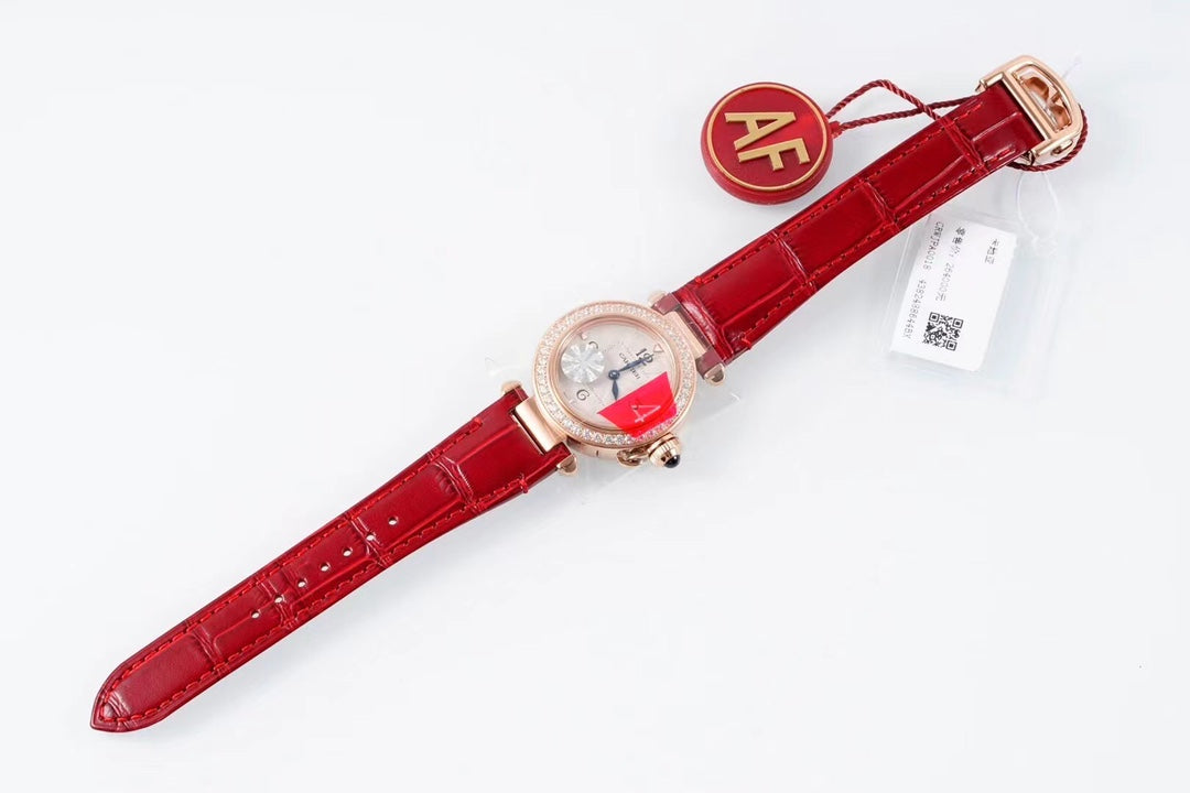 PASHA DE CARTIER WATCH ROSE GOLD CASE WITH CRYSTALS AND CRIMSON RED LEATHER STRAP