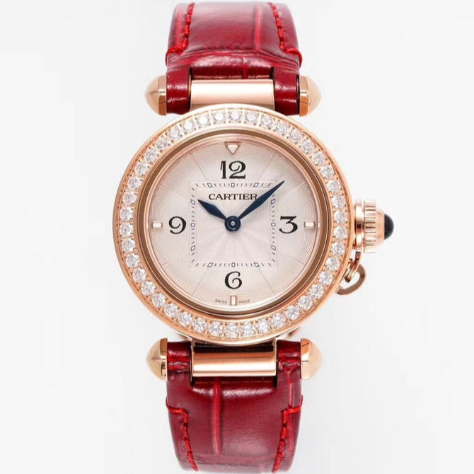 PASHA DE CARTIER WATCH ROSE GOLD CASE WITH CRYSTALS AND CRIMSON RED LEATHER STRAP